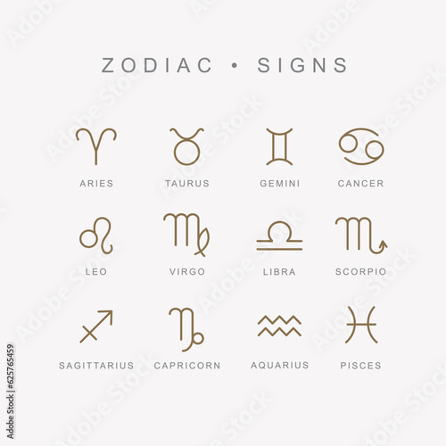 astrological sign symbols. minimalist vector. set of symbols for horoscope. 12 zodiac signs. Aries, Taurus, Leo, Gemini, Virgo, Scorpio, Libra, Aquarius, Sagittarius, Pisces, Capricorn, Cancer