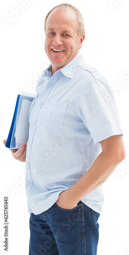 Digital png photo of happy caucasian casual businessman holding folder on transparent background