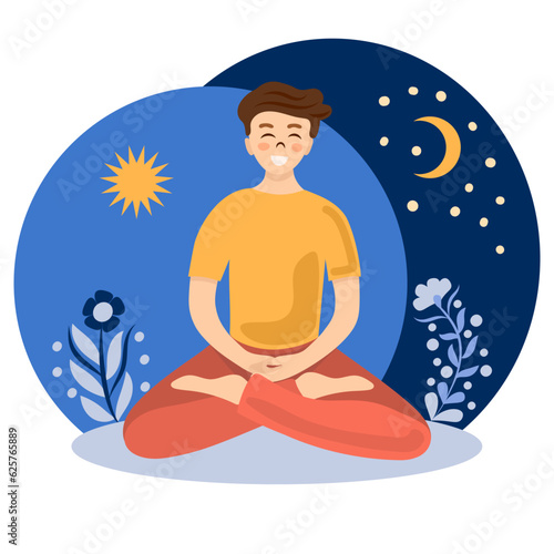 The man sits in the lotus position. A person meditates in nature in the morning and evening. Cartoon flat vector illustration.