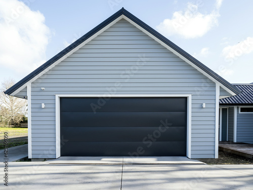 Double gray garage with black tilt-up retractable raised panel metal door and gable metal roof