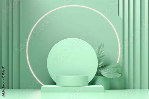 Background vector 3d green pastel rendering with podium and minimal green products scene