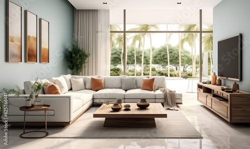 cozy modern bright light living room with sofa, generative ai © Lucky Ai