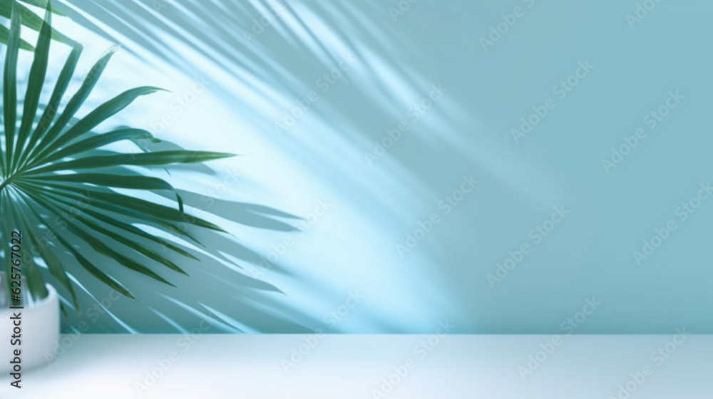 Blurred shadow from palm leaves on the light blue wall, Minimal abstract background for product presentation, Spring and summer