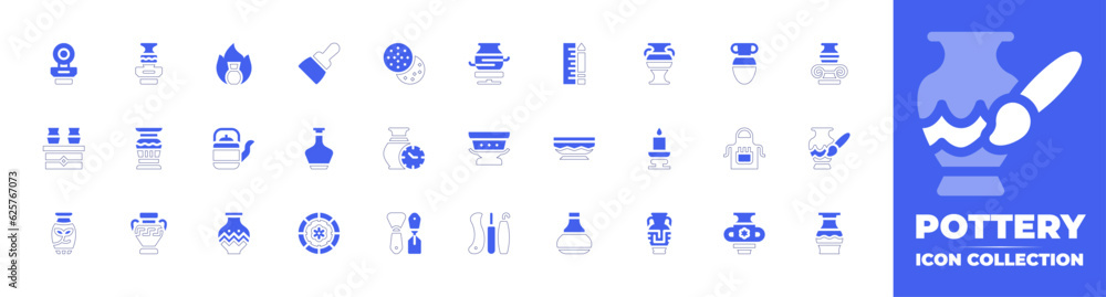 Pottery icon collection. Duotone style line stroke and bold. Vector illustration. Containing ceramic, pottery, fire, putty knife, measuring, vase, amphora, teapot, candlestick, apron, dish, and more.
