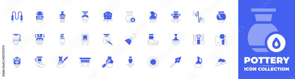 Pottery icon collection. Duotone style line stroke and bold. Vector illustration. Containing cutting, amphora, pottery, clay, humidity, wire, adornment, vase, ceramic, spray, putty knife, and more.