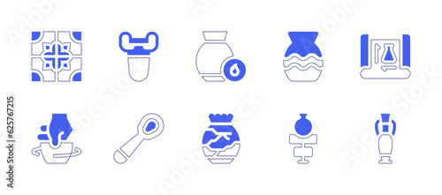 Pottery icon set. Duotone style line stroke and bold. Vector illustration. Containing tiles, amphora, warm, vase, measuring, craft, spoon, kintsugi, ceramic, loutrophoros.