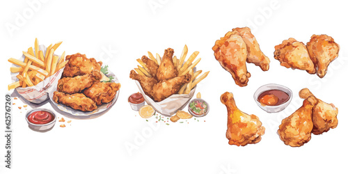 Watercolor Watercolor Fried Chicken with fried fries clipart for graphic resources