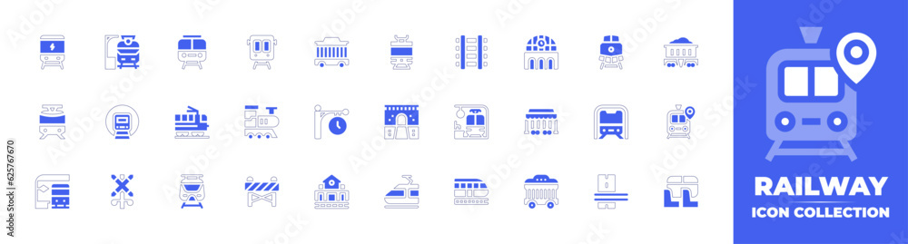 Railway icon collection. Duotone style line stroke and bold. Vector illustration. Containing electric train, train station, train, circus, railway, railway station, mine, high speed train, and more.