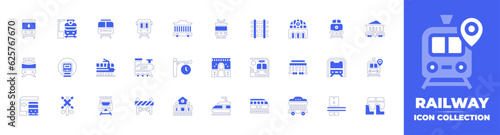 Railway icon collection. Duotone style line stroke and bold. Vector illustration. Containing electric train, train station, train, circus, railway, railway station, mine, high speed train, and more.