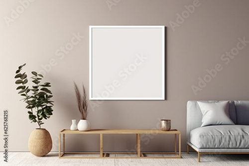 Blank picture frame mockup on gray wall, White living room design, View of modern scandinavian style interior with square artwork mock up on wall, Home staging and minimalism concept © alisaaa