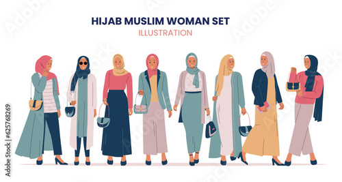 Vector set of stylish muslim women. Female muslim hijab dress collection. Flat vector illustration isolated on white background photo