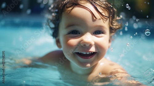 Child playing in water at swimming pool. Generative AI © Virtual Art Studio
