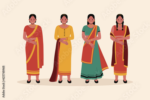 Woman Indian in traditional clothes illustration sets