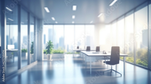Beautiful blurred background of a light modern office interior with panoramic windows and beautiful lighting