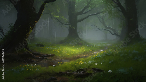 forest glade where it rains , illustration, Generative AI © jirasin