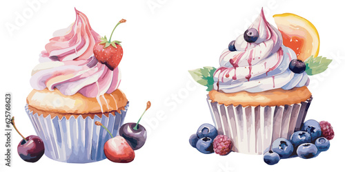 Watercolor capcake fruit clipart for graphic resources