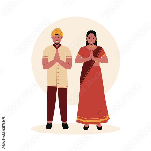 Man and woman in traditional clothes illustration. Traditional costumes. Group indian male and female cartoon characters. Flat vector illustration isolated on white background