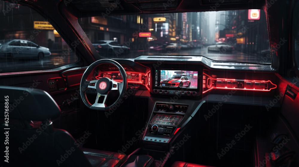 Interior of cyberpunk car, rainy night in city, ai generative