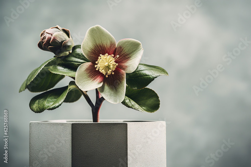 Blooming flower hellebore in concrete pot on gray background with copy space photo