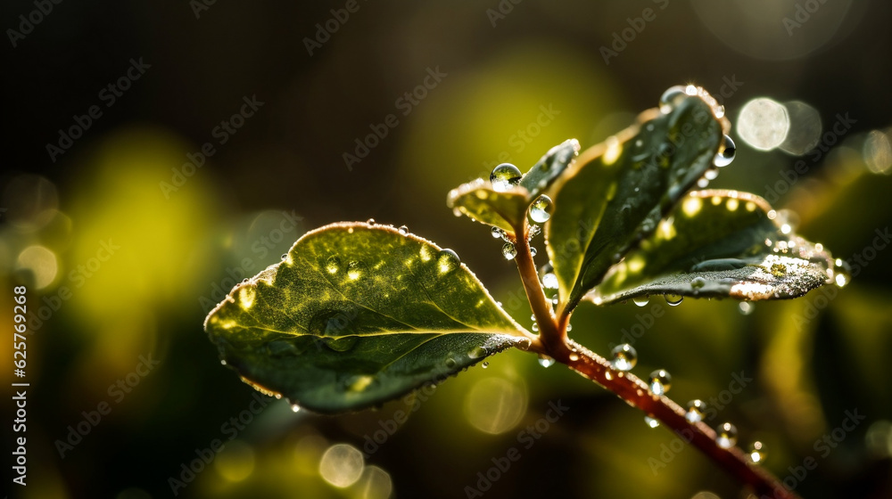 macro of young plant with drops of water in sunlight , illustration, Generative AI macro of young plant with drops of water in sunlight , illustration, Generative AI