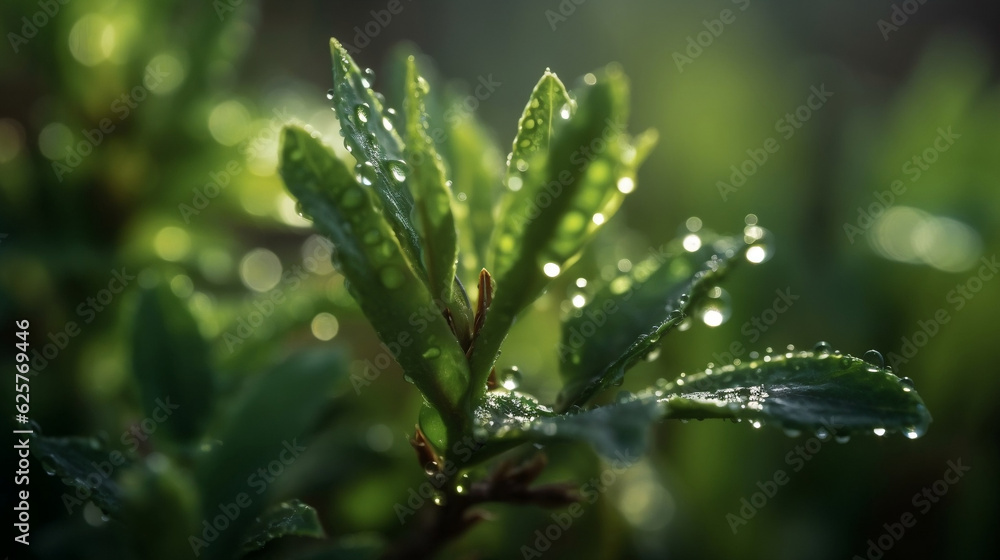 macro of young plant with drops of water in sunlight , illustration, Generative AI macro of young plant with drops of water in sunlight , illustration, Generative AI
