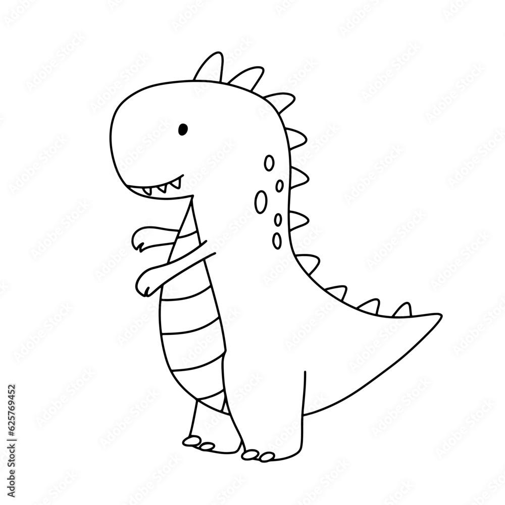  Cute little baby dinosaur t-rex. Vector outline doodle illustration 