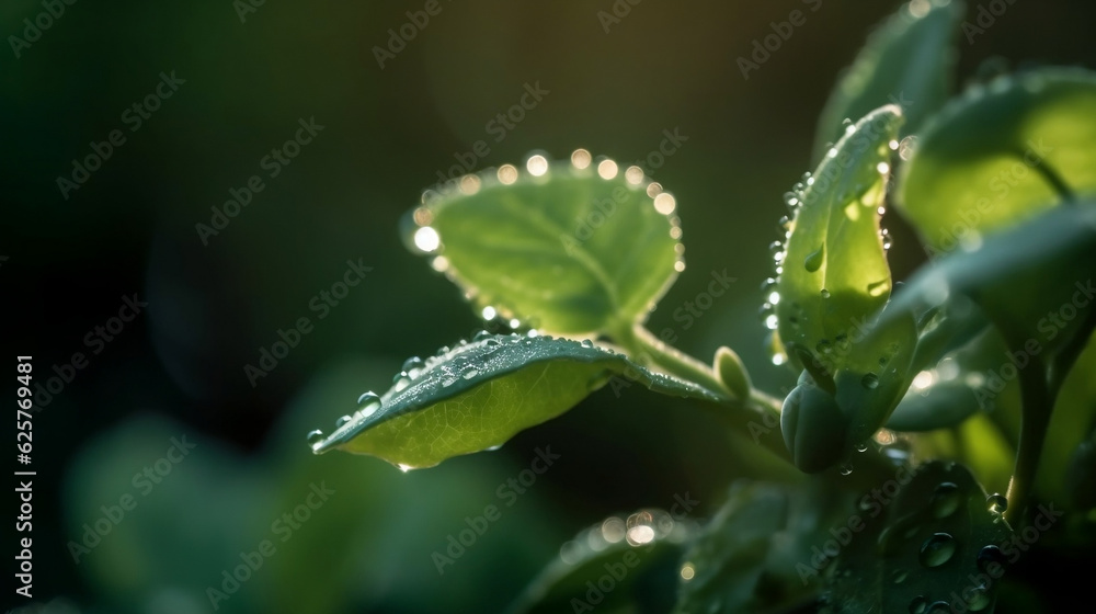 macro of young plant with drops of water in sunlight , illustration, Generative AI macro of young plant with drops of water in sunlight , illustration, Generative AI