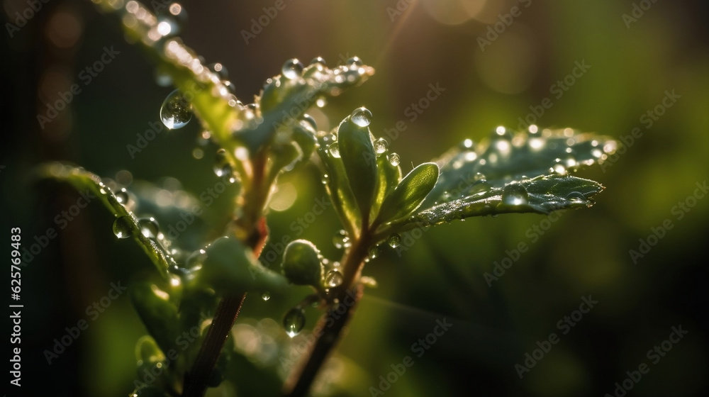 macro of young plant with drops of water in sunlight , illustration, Generative AI macro of young plant with drops of water in sunlight , illustration, Generative AI