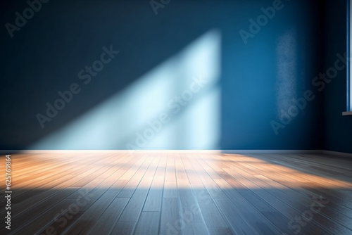 Blue empty wall and wooden floor with interesting light glare, Interior background for the presentation © alisaaa