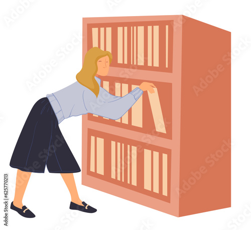 Woman reaching books on shelf in library or shop