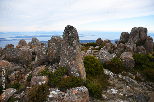 beautiful landscape vista of Mount Wellington tourist landmark in Hobart Tasmania in Australia, with granite stones and scrubland nature