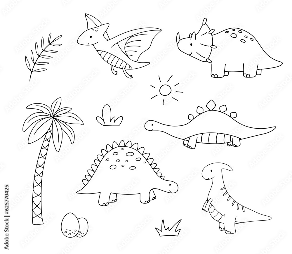Set of cute little baby dinosaurs. Vector outline doodle illustrations isolated on white