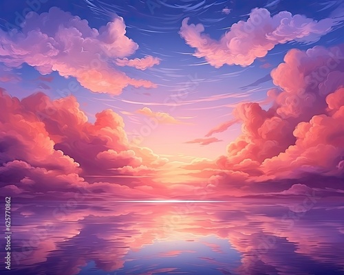 The concept features a colorful sky background, showcasing a dramatic sunset, twilight colors, and cloud formations. (Generative AI)