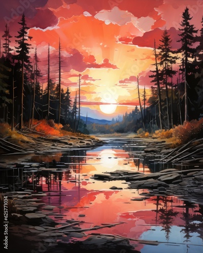 The painting depicts a sunset over a lake with forests, clouds, and a reflection. (Generative AI)