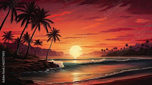 A sunset paints a tropical beach with palm trees.  Generative AI 
