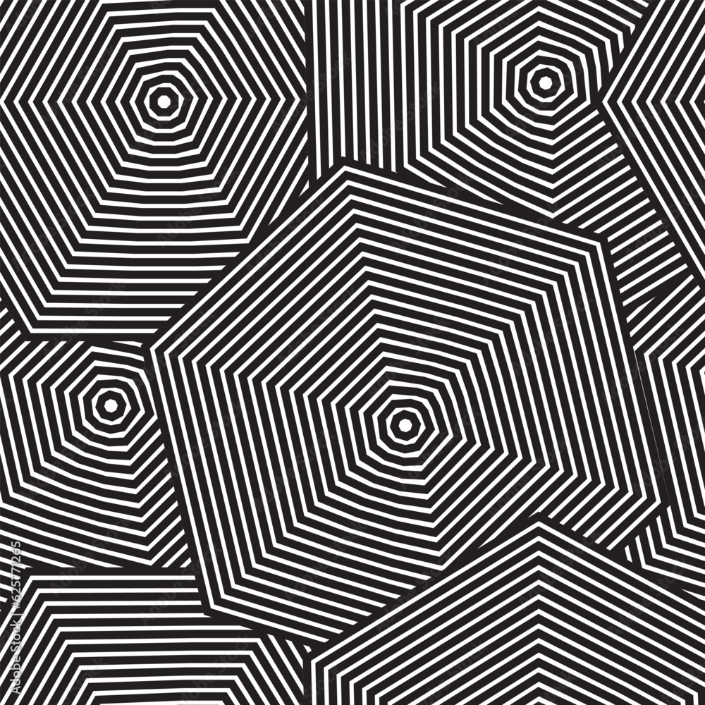 Vector seamless pattern of optical art, geometric shape, black line on white.