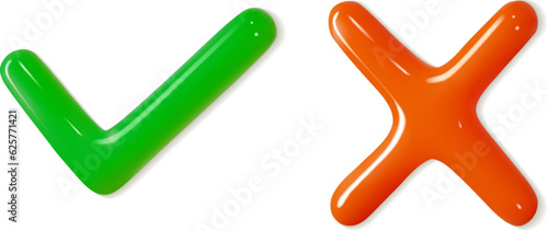 Yes or no 3d glossy bubble check marks. True accept correct answer vs false wrong decline mistake. Decision making icons for web ui interface.