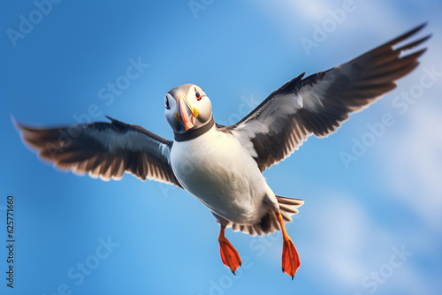 Adorable Atlantic puffin flying against a bright blue sky with a calm look on its face © alisaaa