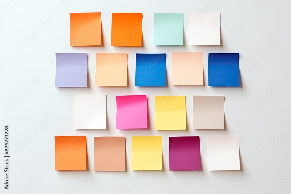 Blank Multicolored Notes On The White Table, Top View. Generative AI Blank Multicolored Notes On The White Table, Top View. Generative AI