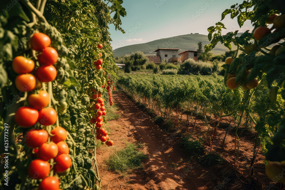Quaint Tomato Farm With Rows Of Ripe, Juicy Tomatoes. Generative AI