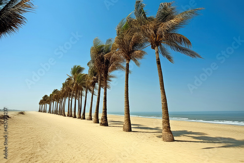 Row Of Palm Trees Lining Sandy Beach  Illustrating Linear Perspective. Generative AI