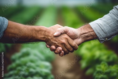 Farmers Handshake Against Backdrop Of Unfocused Horticulture Farm , Closeup. Generative AI