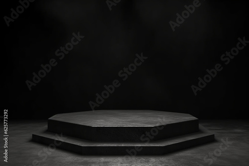 Black cement and concrete octagon stage podium with spotlight and dark grunge wall background, Abstract and object for advertising concept, 3D illustration