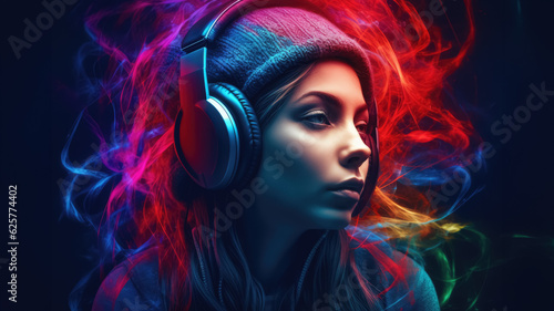 Portrait of woman in headphones on neon dark background. space for text. generative AI.