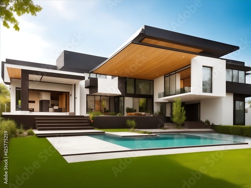 a modern house with a pool in front of it  © RahatMiaJi