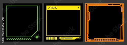 Cyber graphic frame set. Futuristic, tech, cyberpunk border elements. Social media, square shape templates. 