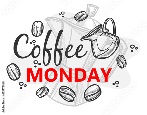 Coffee monday, beans and cezve with brewed drink