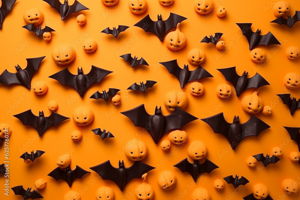 Bats and scary pumpkins made of plasticine on an orange background Bats and scary pumpkins made of plasticine on an orange background
