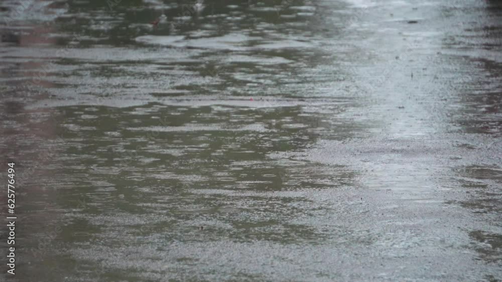 Water drops creating ripples in puddles on a road in urban India Water drops creating ripples in puddles on a road in urban India