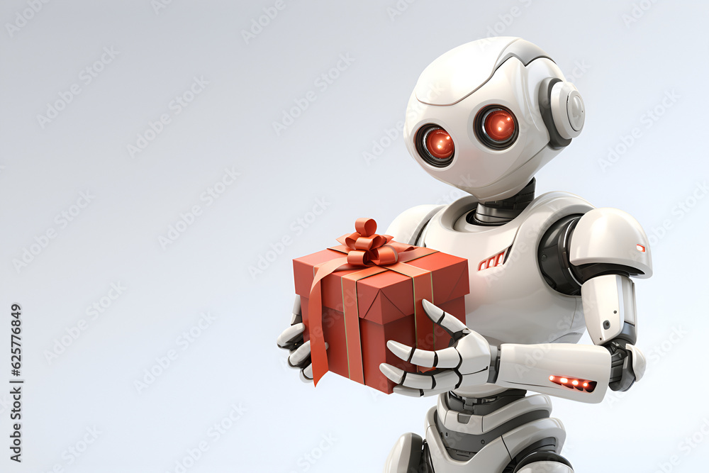 The robot bot gives a gift in a red box . Illustration, AI generation.